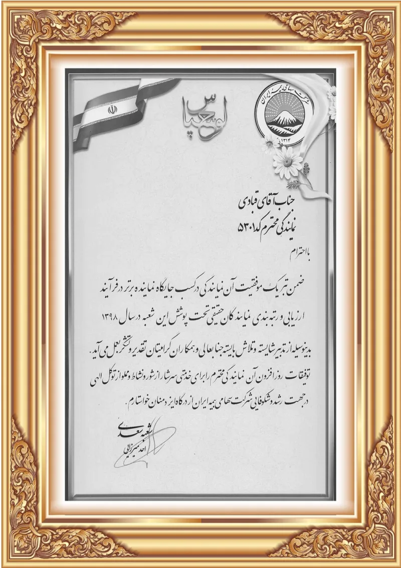 لوح تقدیر نماینده برتر بیمه ایران در سال ۱۳۹۸ لوح نماینده برتر بیمه ایران در سال ۱۳۹۸